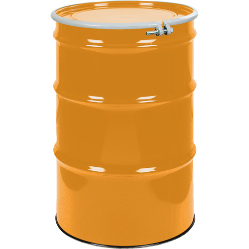 Barils en acier, 55 gal. US (45 gal. imp.), Non doubl&eacute;, Orange, Dessus ouvert, UN1A2/Y1.5/150, Calibre 16 FMT Sales Ltd