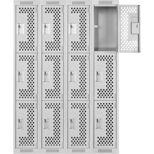 Clean Line Lockers, 3 -tier, Bank of 4, 48" x 12" x 72", Steel, Grey, Rivet (Assembled), Perforated FMT Sales Ltd