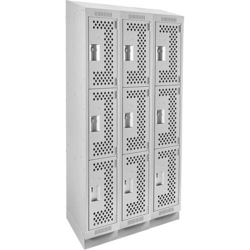 Clean Line Lockers, 3 -tier, Bank of 3, 36" x 18" x 82", Steel, Grey, Rivet (Assembled), Perforated FMT Sales Ltd