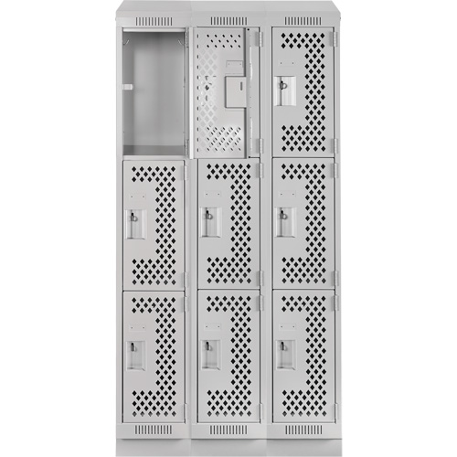 Clean Line Lockers, 3 -tier, Bank of 3, 36" x 18" x 82", Steel, Grey, Rivet (Assembled), Perforated FMT Sales Ltd