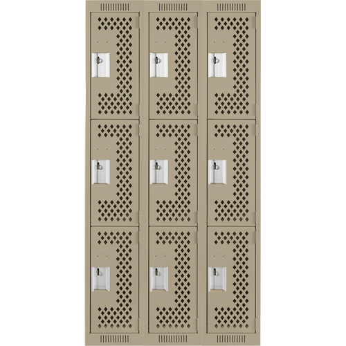 Clean Line Lockers, 3 -tier, Bank of 3, 36" x 12" x 72", Steel, Beige, Rivet (Assembled), Perforated FMT Sales Ltd