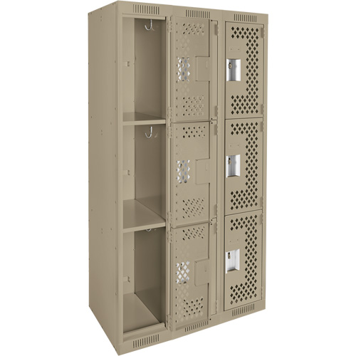Clean Line Lockers, 3 -tier, Bank of 3, 36" x 12" x 72", Steel, Beige, Rivet (Assembled), Perforated FMT Sales Ltd