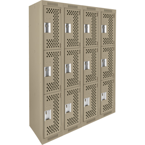 Clean Line Lockers, 3 -tier, Bank of 4, 48" x 12" x 72", Steel, Beige, Rivet (Assembled), Perforated FMT Sales Ltd