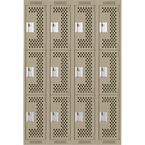 Clean Line Lockers, 3 -tier, Bank of 4, 48" x 12" x 72", Steel, Beige, Rivet (Assembled), Perforated FMT Sales Ltd