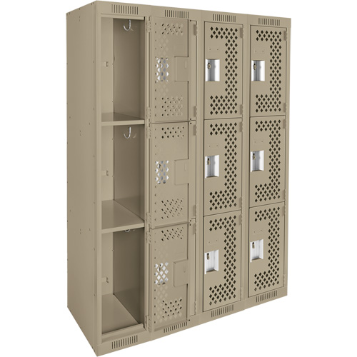 Clean Line Lockers, 3 -tier, Bank of 4, 48" x 12" x 72", Steel, Beige, Rivet (Assembled), Perforated FMT Sales Ltd