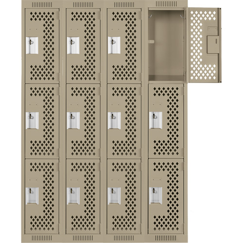Clean Line Lockers, 3 -tier, Bank of 4, 48" x 12" x 72", Steel, Beige, Rivet (Assembled), Perforated FMT Sales Ltd