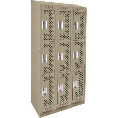 Clean Line Lockers, 3 -tier, Bank of 3, 36" x 18" x 82", Steel, Beige, Rivet (Assembled), Perforated FMT Sales Ltd