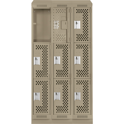 Clean Line Lockers, 3 -tier, Bank of 3, 36" x 18" x 82", Steel, Beige, Rivet (Assembled), Perforated FMT Sales Ltd