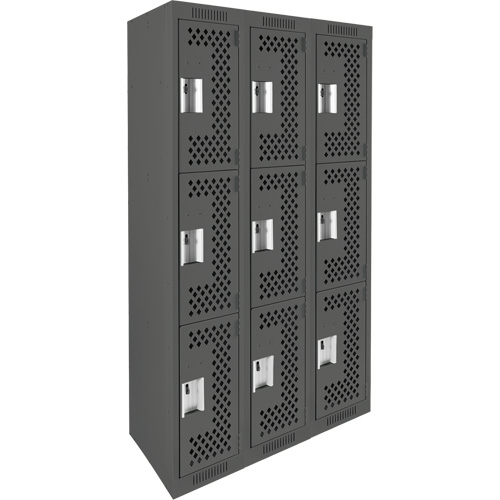 Clean Line Lockers, 3 -tier, Bank of 3, 36" x 12" x 72", Steel, Charcoal, Rivet (Assembled), Perforated FMT Sales Ltd