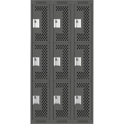 Clean Line Lockers, 3 -tier, Bank of 3, 36" x 12" x 72", Steel, Charcoal, Rivet (Assembled), Perforated FMT Sales Ltd