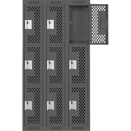 Clean Line Lockers, 3 -tier, Bank of 3, 36" x 12" x 72", Steel, Charcoal, Rivet (Assembled), Perforated FMT Sales Ltd