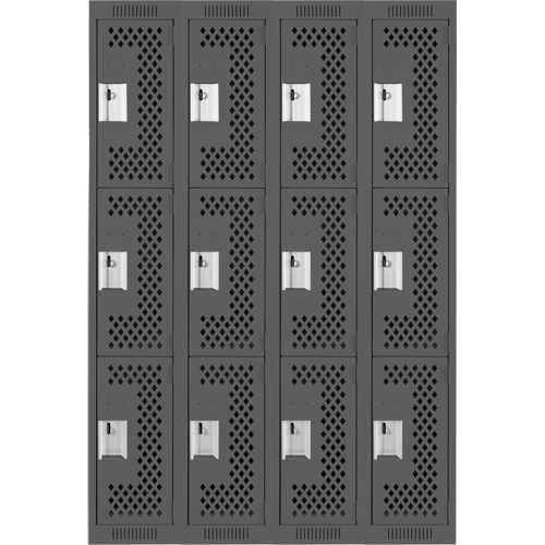 Clean Line Lockers, 3 -tier, Bank of 4, 48" x 12" x 72", Steel, Charcoal, Rivet (Assembled), Perforated FMT Sales Ltd