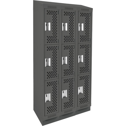 Clean Line Lockers, 3 -tier, Bank of 3, 36" x 18" x 82", Steel, Charcoal, Rivet (Assembled), Perforated FMT Sales Ltd