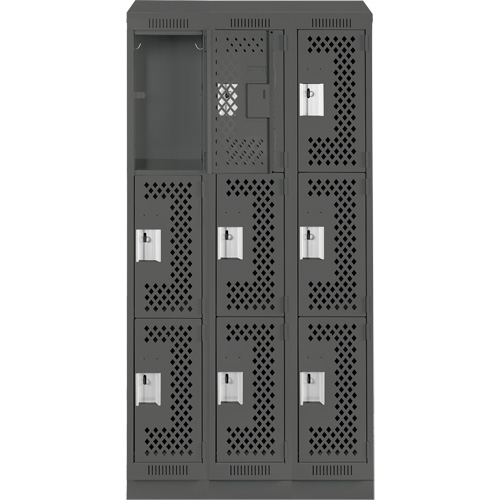 Clean Line Lockers, 3 -tier, Bank of 3, 36" x 18" x 82", Steel, Charcoal, Rivet (Assembled), Perforated FMT Sales Ltd