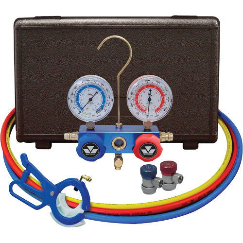 Automotive Manifold Gauge Set with Manual Couplers & 3-in-1 Side Mount Can Tap Valve FMT Sales Ltd