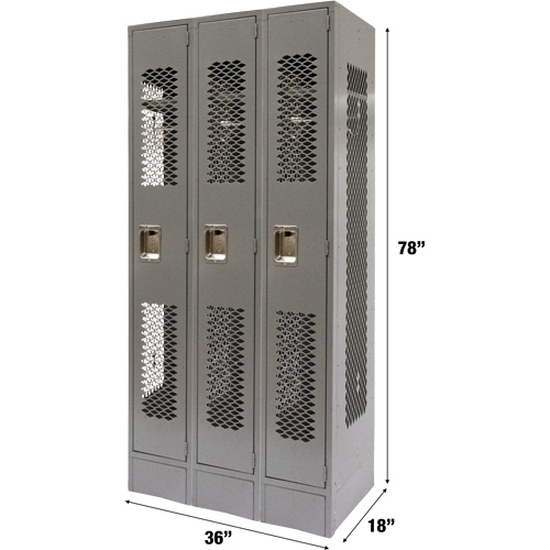 Vented Lockers, Bank of 3, 36" x 18" x 78", Steel, Grey, Knocked Down, Perforated FMT Sales Ltd