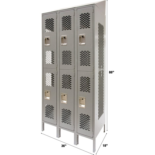 Vented Lockers, 2 -tier, Bank of 3, 36" x 18" x 88", Steel, Grey, Knocked Down, Perforated FMT Sales Ltd