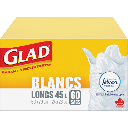Sacs &agrave; ordures hauts 45 L avec Febreze, R&eacute;gulier, 24" la x 28" lo, Blanc FMT Sales Ltd
