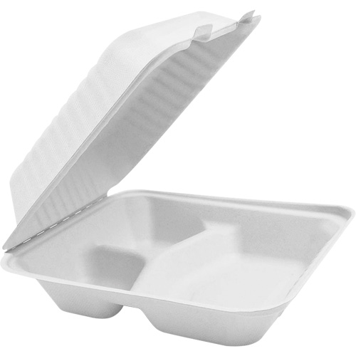 Contenants &agrave; charni&egrave;re pour nourriture compostable avec compartiments, Bagasse, Carr&eacute;e FMT Sales Ltd