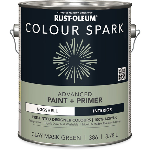 Peinture int&eacute;rieure pr&eacute;teint&eacute;e + appr&ecirc;t mural Colour Spark, Vert masque en argile, Satin&eacute;, 3,78 L, Gallon FMT Sales Ltd