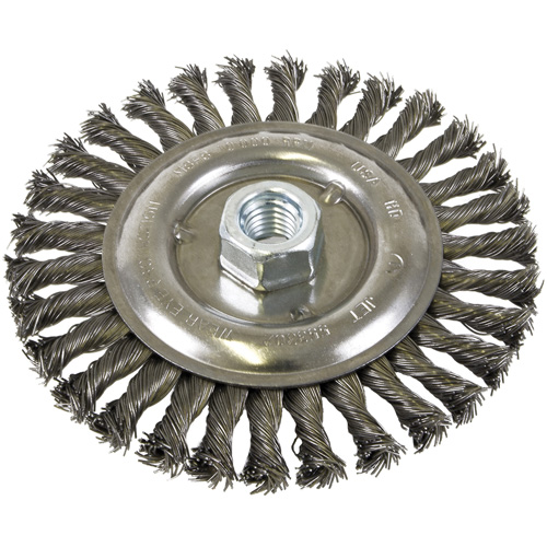 Brosse filet&eacute;e &agrave; fils nou&eacute;es et face standard, Dia. 6", Fils 0,022", Arbre 5/8"-11, Acier FMT Sales Ltd