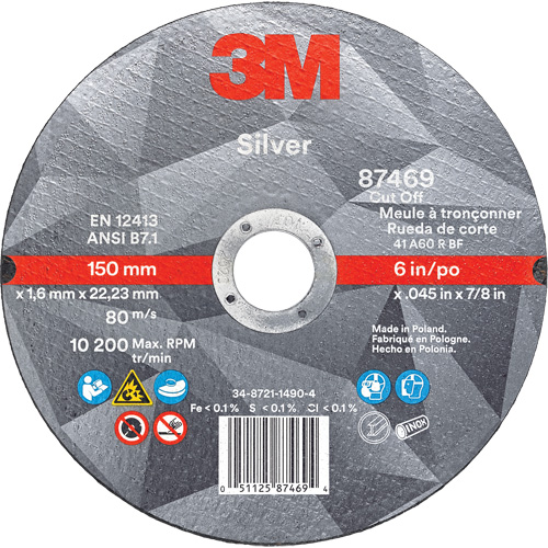 Silver Cut-Off Wheel, 6" x 0.045", 7/8" Arbor, Type 1, Ceramic, 10200 RPM FMT Sales Ltd