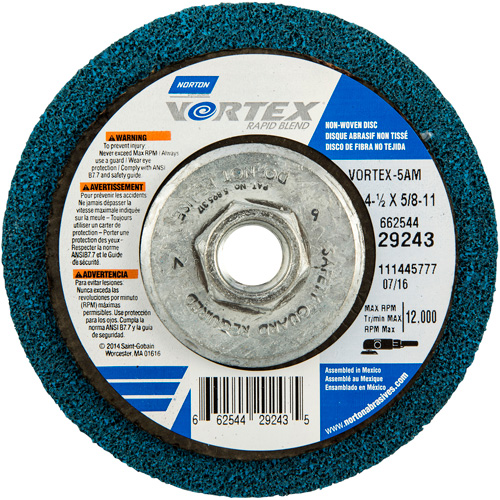 Meule abrasive non tiss&eacute;e &agrave; moyeu d&eacute;port&eacute; Vortez Rapid Blend, 4-1/2" dia., Grain 100-120, Oxyde d'aluminium FMT Sales Ltd