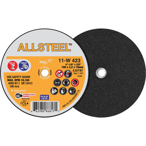 AllSteel Mini Cut-Off Wheel, 4" x 1/8", 3/8" Arbor, Type 1, Aluminum Oxide, 19100 RPM FMT Sales Ltd