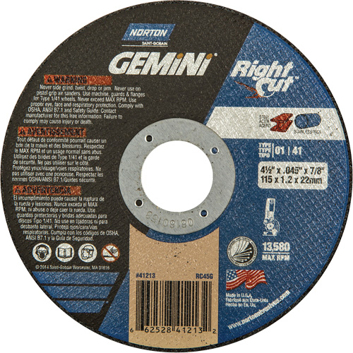Gemini RightCut Right Angle Cut-Off Wheel, 4-1/2" x 0.045", 7/8" Arbor, Type 01/41, Aluminum Oxide, 13580 RPM FMT Sales Ltd