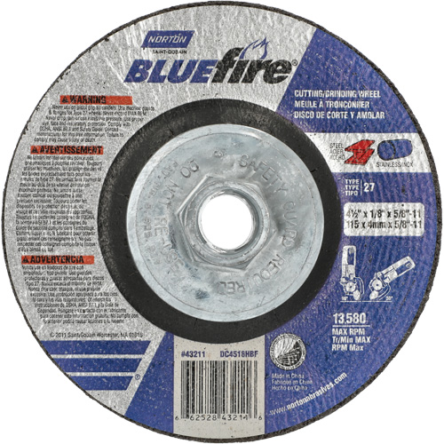 BlueFire Grinding & Cutting Wheel, 4-1/2" x 1/8", 5/8"-11 Arbor, Type 27, Zirconia Alumina FMT Sales Ltd