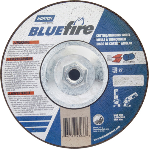 BlueFire Grinding & Cutting Wheel, 7" x 1/8", 5/8"-11 Arbor, Type 27, Zirconia Alumina FMT Sales Ltd