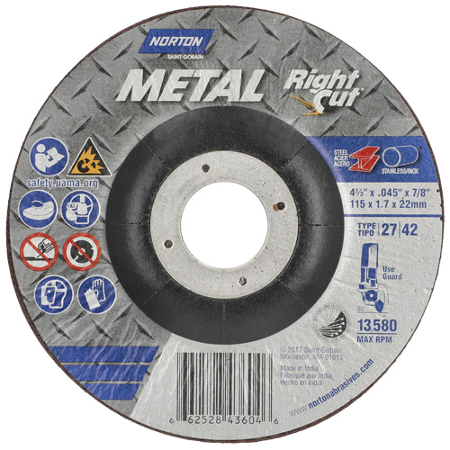 Meule &agrave; tronçonner m&eacute;tallique pour coupe &agrave; angle droit RightCut, 4-1/2" x 0,045", Arbre de 7/8", Type 27, Oxyde d'aluminium, 13580 Tr/min FMT Sales Ltd