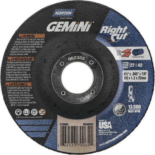 Gemini RightCut Right Angle Cut-Off Wheel, 4-1/2" x 0.045", 7/8" Arbor, Type 27/42, Aluminum Oxide, 13580 RPM FMT Sales Ltd
