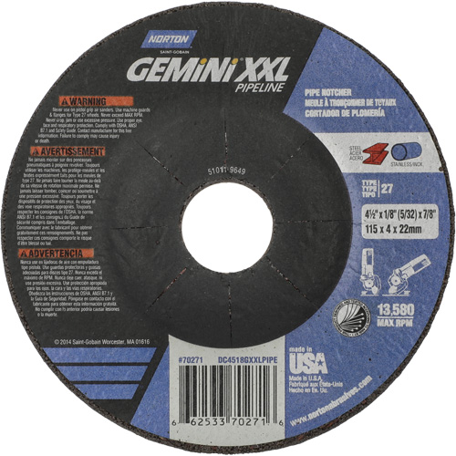 Gemini XXL Grinding & Cutting Wheel, 4-1/2" x 1/8", 7/8" Arbor, Type 27, Aluminum Oxide FMT Sales Ltd