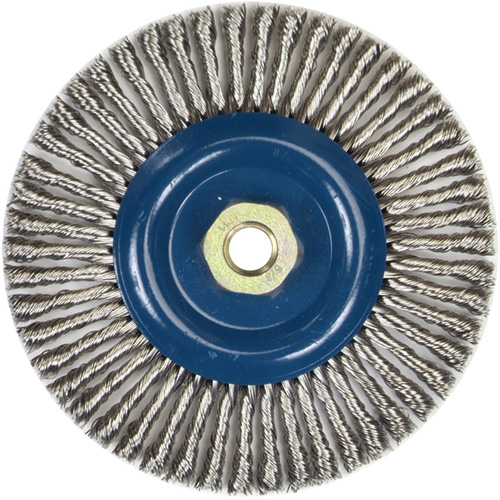Brosse &agrave; fils nou&eacute;s pour cordons de soudure pour meuleuse angulaire, Dia. 6", Fils 0,02", Arbre 5/8"-11, Acier inoxydable FMT Sales Ltd