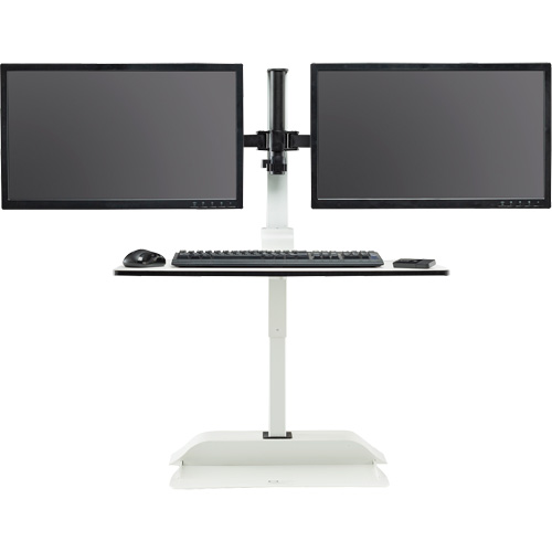 Bureau &eacute;lectrique assis/debout Soar avec bras d&eacute;cran double, Mod&egrave;le de bureau, 37-1/4" h x 27-3/4" la x 22" p, Blanc FMT Sales Ltd