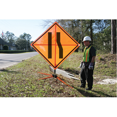 Tilt-Adjust Merge Left Roll-Up Construction Sign, 36" x 36", Vinyl, Pictogram FMT Sales Ltd