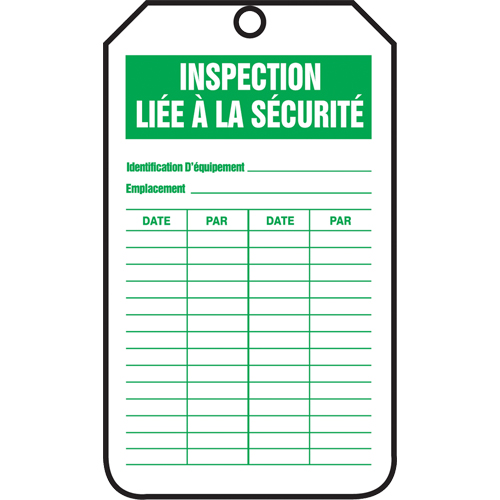 &eacute;tiquettes de s&eacute;curit&eacute; d'inspection et de contr&ocirc;le de l'&eacute;tat de l'&eacute;quipement, Plastique, 3-1/8" la x 5-7/8" h, Français FMT Sales Ltd