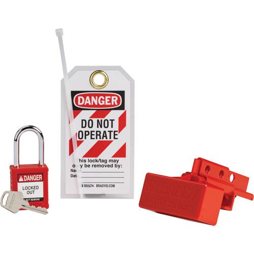 Dispositif de cadenassage pour connecteurs dalimentation de chariot &eacute;l&eacute;vateur BatteryBlock avec cadenas de s&eacute;curit&eacute; en nylon, Ensemble &eacute;lectrique, 3 composants compris FMT Sales Ltd