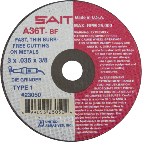 Cut-Off Wheel (A36T), 3" x 0.035", 3/8" Arbor, Type 27, Aluminum Oxide, 25000 RPM FMT Sales Ltd