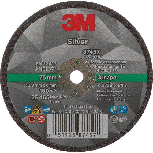Meule &agrave; tronçonner Silver, 3" x 0,04", Arbre de 1/4"-28, Type 1, C&eacute;ramique, 25645 Tr/min FMT Sales Ltd