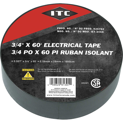 IET-3460 Ruban isolant, Ruban &eacute;lectrique, Rubans isolant, 19 mm (3/4") x 18,28 m (60'), Noir FMT Sales Ltd