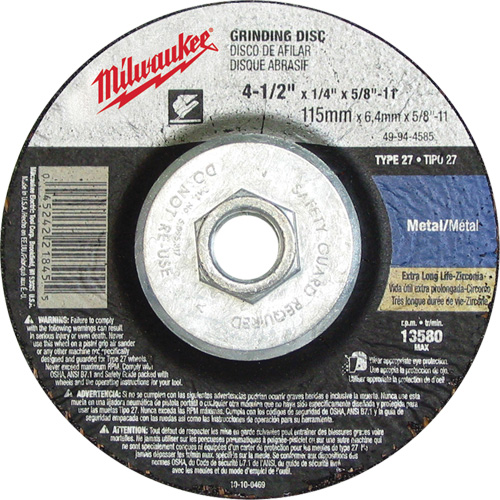 Grinding Wheel, 4-1/2" x 1/8", 5/8"-11 Arbor, Aluminum Oxide, Type 27 FMT Sales Ltd