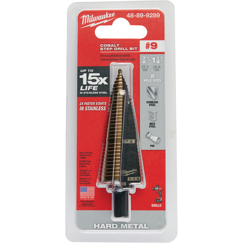 Step Drill Bit, 7/8"/#9 - 1-1/8"/#9 , 1/32" Increments, High Speed Cobalt FMT Sales Ltd