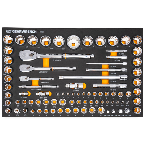 Jeu d'outils SAE/m&eacute;triques pour m&eacute;canicien &agrave; 90 dents 1/4", 3/8" & 1/2" avec plateau de rangement en mousse FMT Sales Ltd