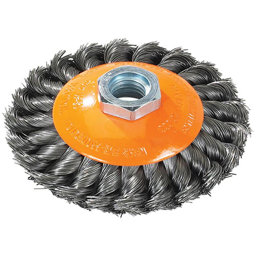 Brosse concave &agrave; fils nou&eacute;s torsad&eacute;s, Dia. 7", Fils 0,02", Arbre 5/8"-11, Acier FMT Sales Ltd