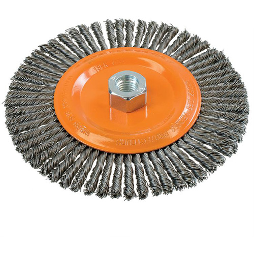 Brosse &agrave; fils nou&eacute;s pour cordons de soudure, Dia. 6-7/8'', Fils 0,02", Arbre 5/8"-11, Acier FMT Sales Ltd