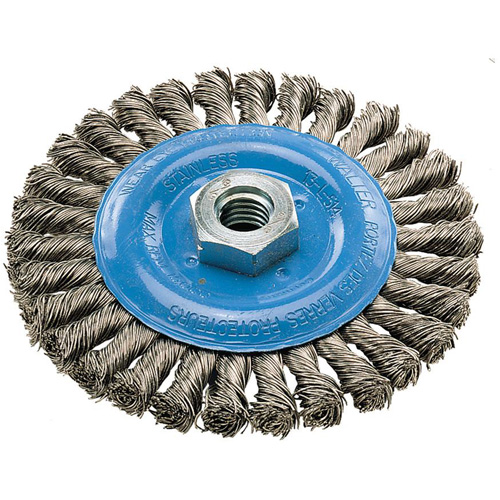 Wide Knotted Wire Wheel Brush, 5" Dia., 0.02" Fill, 5/8"-11 Arbor, Aluminum/Stainless Steel FMT Sales Ltd