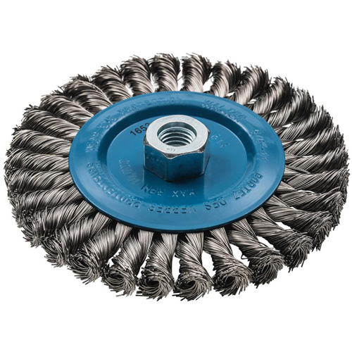 Wide Knotted Wire Wheel Brush, 6" Dia., 0.02" Fill, 5/8"-11 Arbor, Aluminum/Stainless Steel FMT Sales Ltd