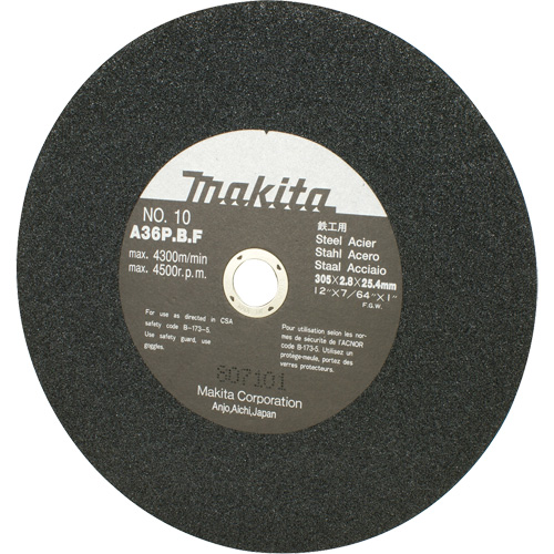 Meule abrasive pour scies &agrave; tronçonner et meuleuses dangle, 12" x 7/64", Arbre de 1", 4500 Tr/min FMT Sales Ltd